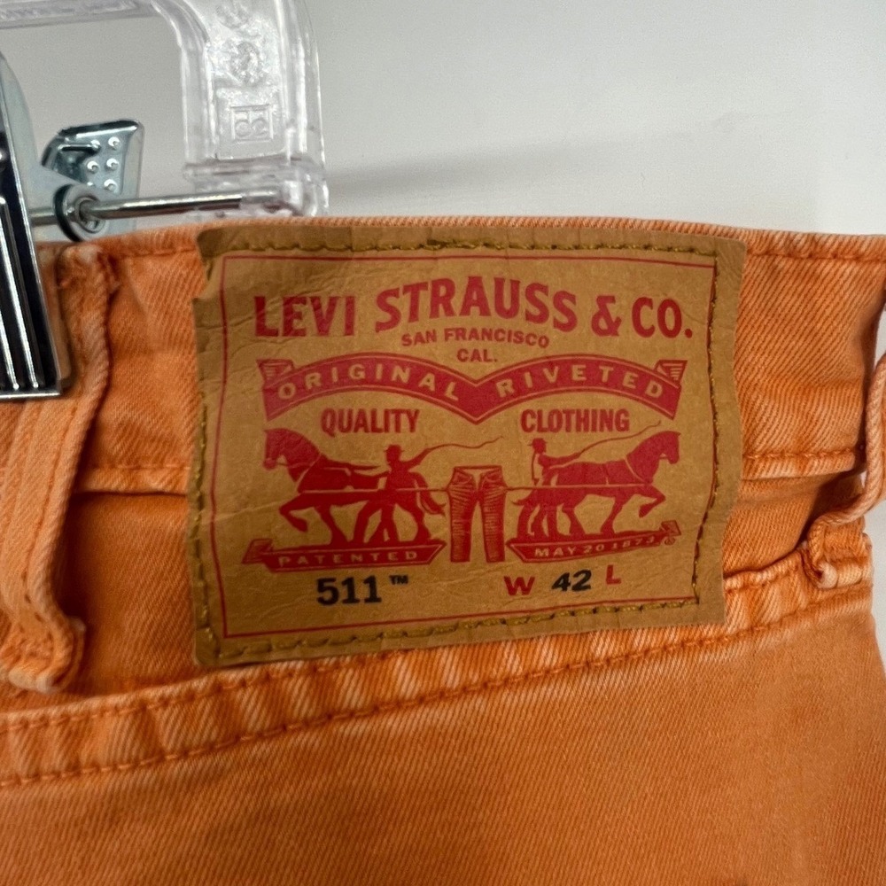 Levi's 511 Cut Off Denim Shorts Mens W42 Orange Slim Fit Frayed Hem Distressed - Picture 4 of 8